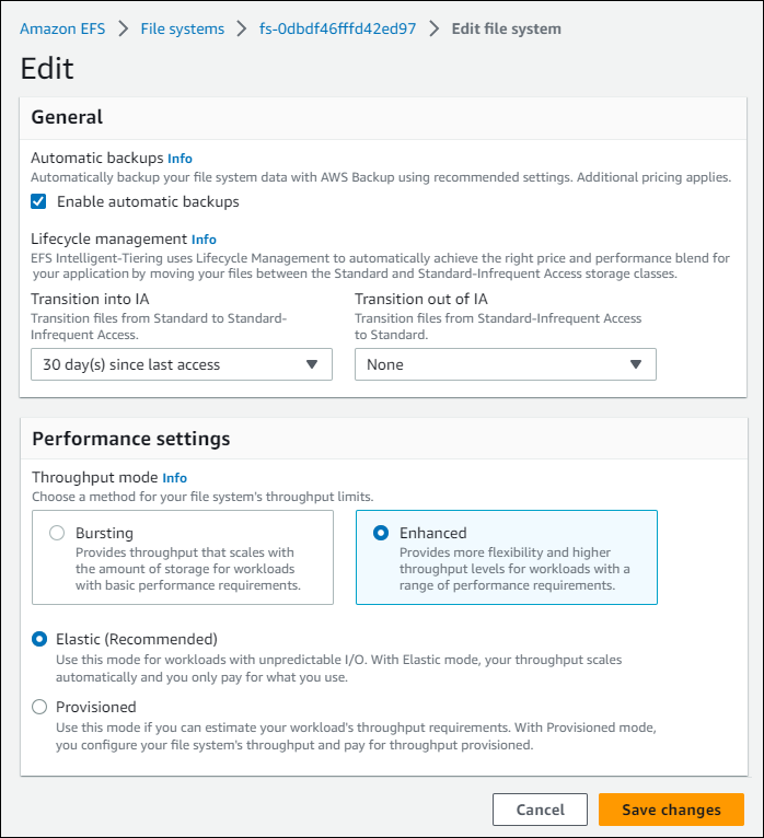 
            Edite el rendimiento de un sistema de archivos en la página Editar de la consola de Amazon EFS.
          