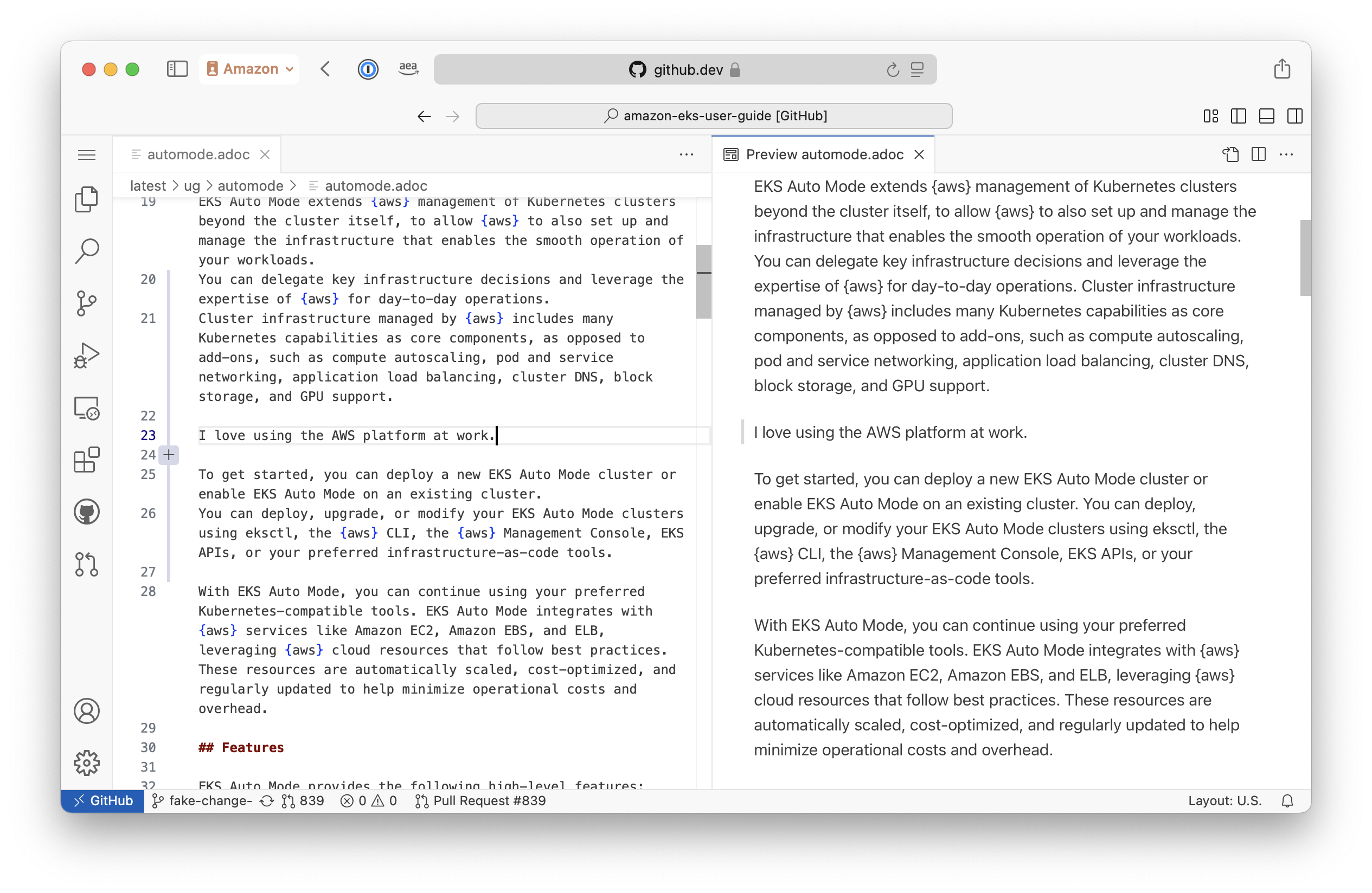 Interfaz de usuario del editor web de “GitHub.dev
