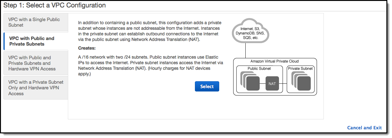 Elija VPC with Public and Private Subnets (VPC con subredes privadas y públicas) y, a continuación, Select (Seleccionar).