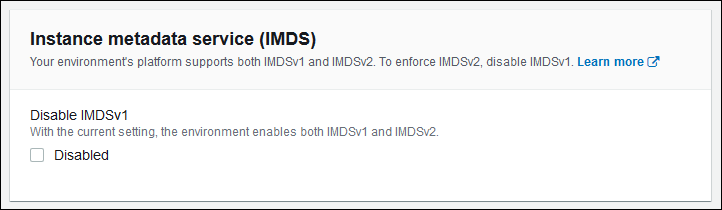 Opción IMDS en la ventana de configuración de instancias de Elastic Beanstalk