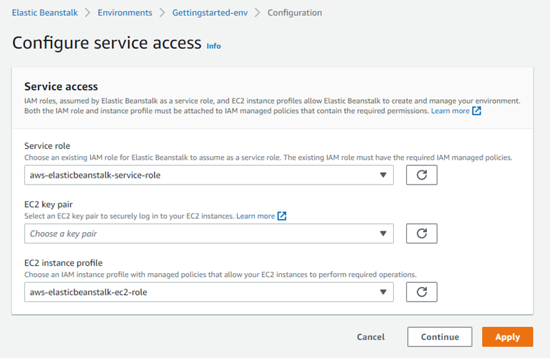 Página de configuración de acceso al servicio de seguridad de Elastic Beanstalk