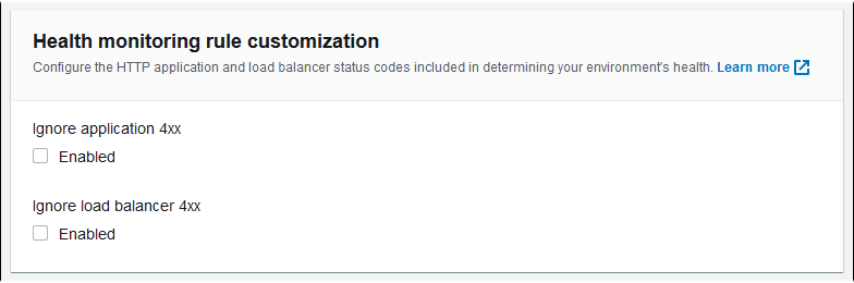 
            Sección de personalización de reglas de supervisión de estado en la página de configuración de supervisión de la consola de Elastic Beanstalk
          