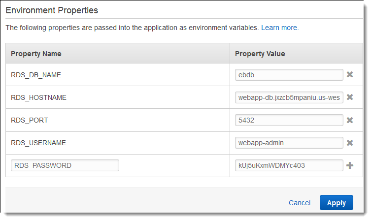 
        Sección Environment properties configuration (Configuración de propiedades del entorno) con propiedades de RDS añadidas
      