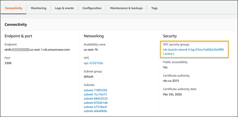 
        Sección Connectivity (Conectividad) de una página de instancia de base de datos en la consola de Amazon RDS
      