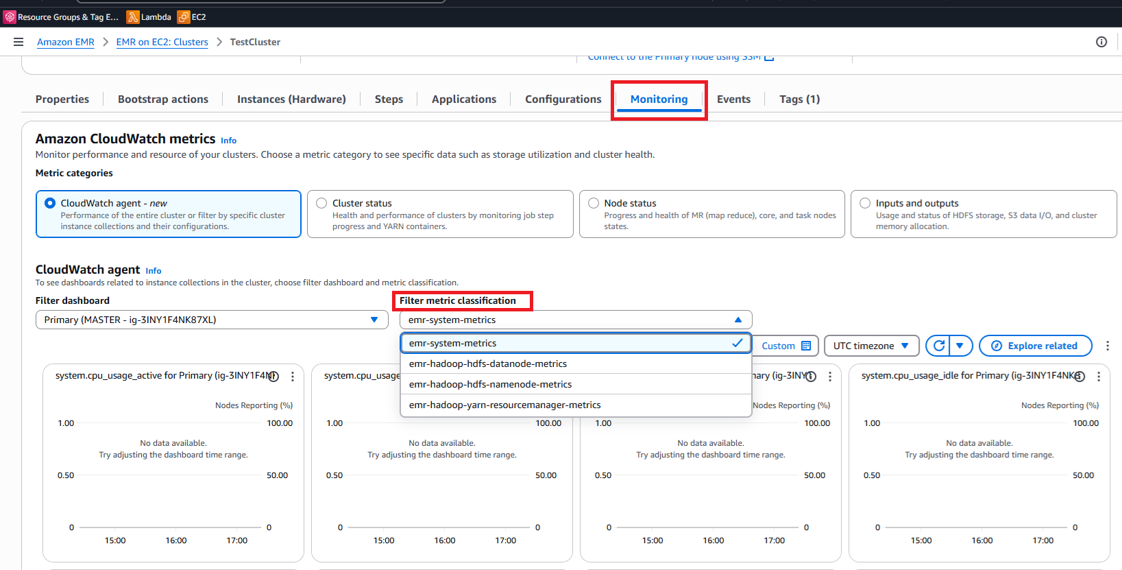 EMR clúster monitoring dashboard showing CloudWatch metrics and filter options.