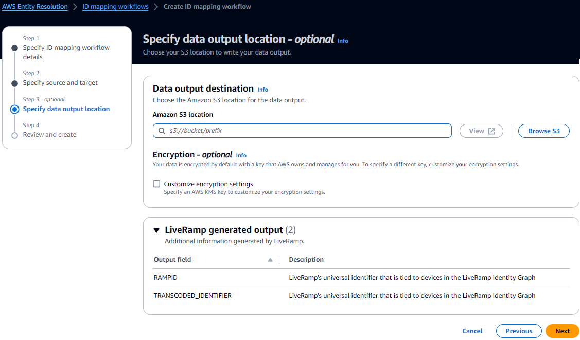 AWS Entity Resolution Interfaz de creación de flujos de trabajo de mapeo de ID con opciones para especificar la ubicación de salida de datos.