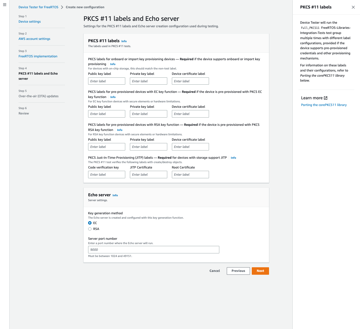 Etiquetas PKCS #11 y configuraciones de servidores Echo con campos de entrada para las etiquetas clave, el método de generación de claves y el número de puerto del servidor