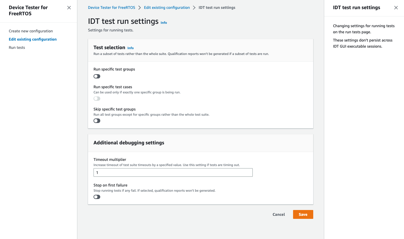 Cuadro de diálogo de configuración de la prueba de IDT con opciones para seleccionar la prueba, omitir grupos de pruebas, multiplicar el tiempo de espera y detener la prueba en caso de fallo.