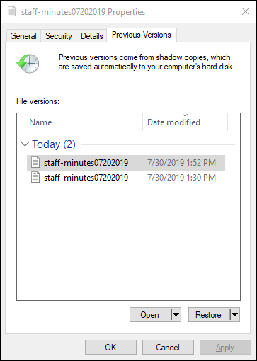 Restaure las versiones anteriores en el Explorador de archivos de Windows