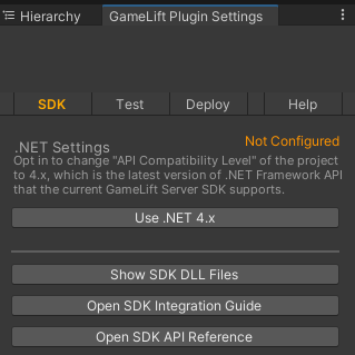Amazon GameLift Serversplugin para el menú de ajustes del plugin de Unity.
