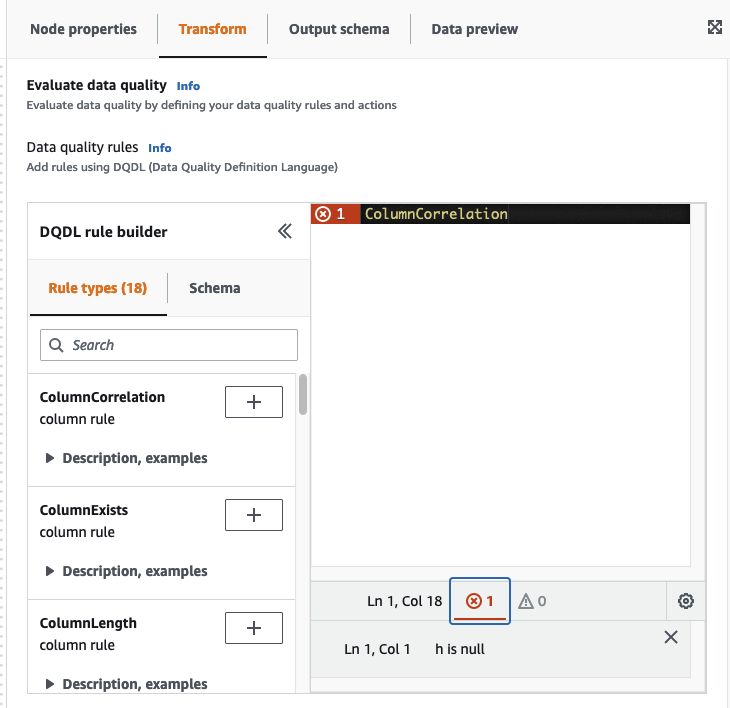 En la captura de pantalla se muestra el editor de reglas de DQDL con indicadores de error en la línea 1 y en la parte inferior del editor de reglas con el número de errores. Debajo aparece la descripción del error.