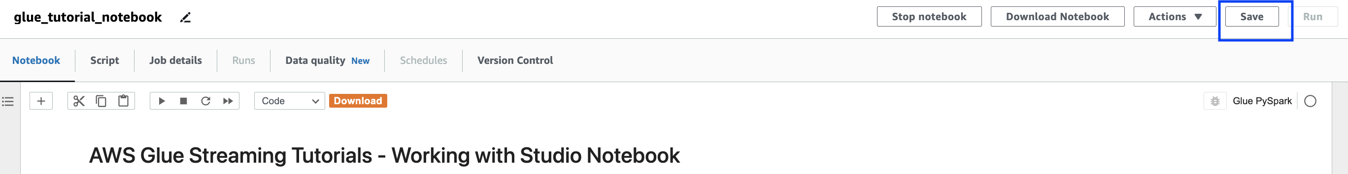 En la captura de pantalla se muestra cómo guardar el cuaderno como un trabajo de AWS Glue.