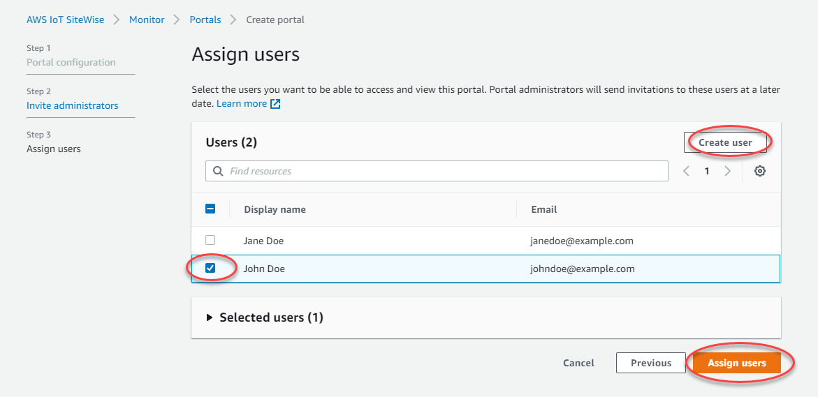 El paso de asignación de usuarios de IAM Identity Center del proceso de creación del portal.