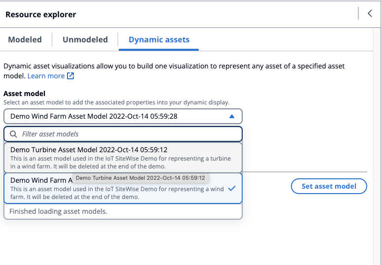 Se muestra la página del proyecto del panel de control de IoT con activos dinámicos.