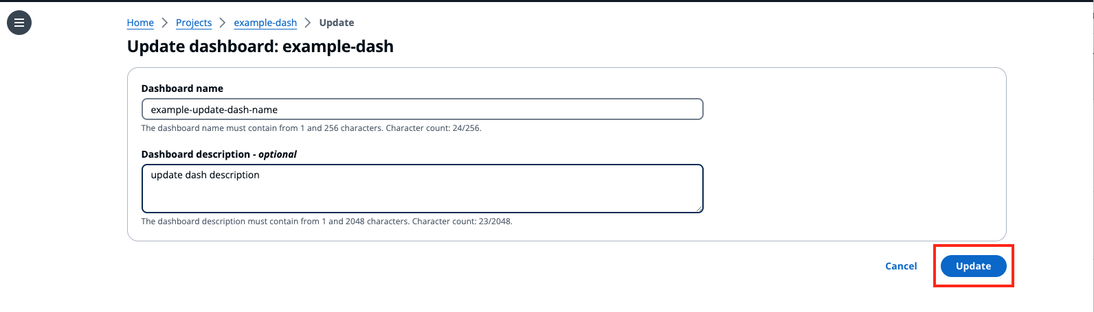 La página de paneles del panel de control de IoT con texto actualizado.