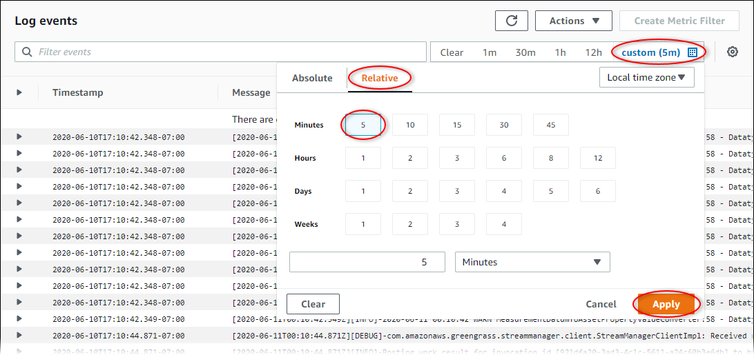 CloudWatch Captura de pantalla de la página «Registros».
