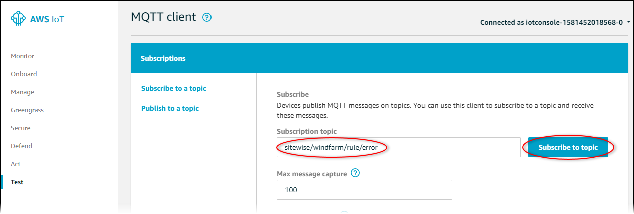 AWS IoT Core Captura de pantalla de la página «Cliente MQTT» con el botón «Suscribirse al tema» resaltado.
