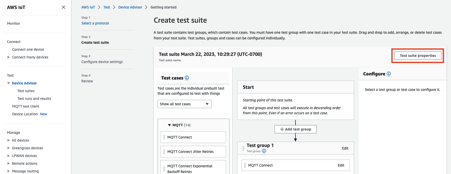 La pantalla «Crear conjunto de pruebas» de Device Advisors, donde los usuarios pueden crear y configurar grupos de pruebas y casos para probar dispositivos de IoT con el protocolo MQTT.