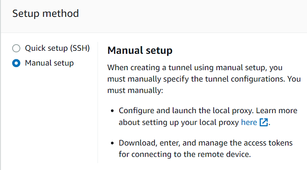 Hay dos opciones para configurar una conexión de túnel: configuración rápida (SSH) o configuración manual, que requiere configurar un proxy local y administrar los tokens de acceso.