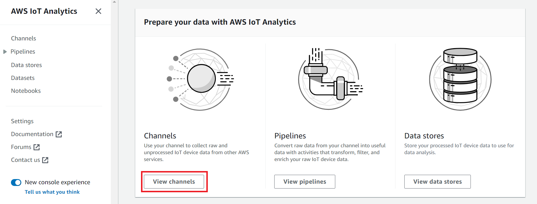 
      Captura de pantalla de "Preparación de sus datos con AWS IoT Analytics".
     