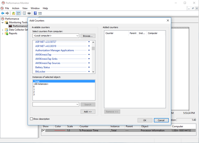 Captura de pantalla de la consola que muestra las categorías de contadores de Kinesis Agent para Windows en la aplicación Monitor de rendimiento de Windows.