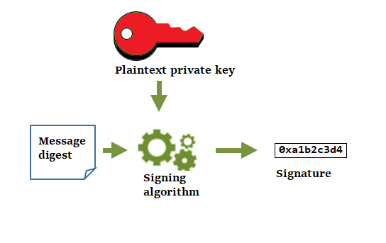 
          Genere una firma criptográfica con la clave privada en un par de claves de datos fuera de AWS KMS.
        