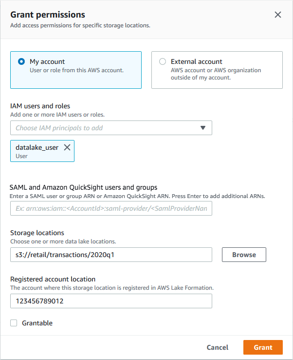 En el cuadro de diálogo Conceder permisos, se seleccionan el usuario datalake_user y la ubicación de almacenamiento s3://retail/transactions/q119.
