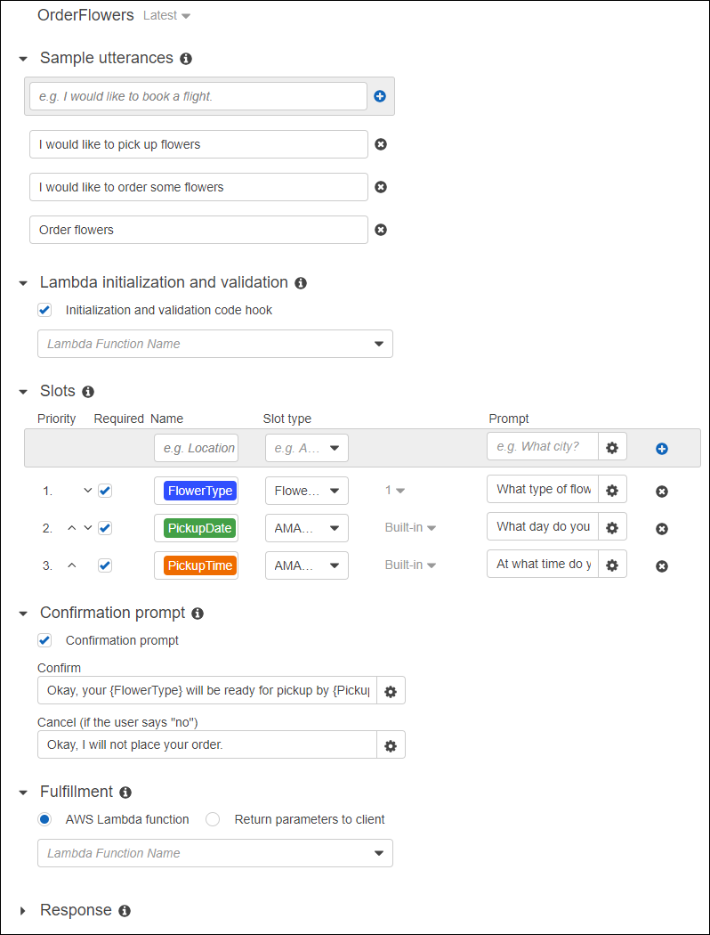 
                    Funciones de Lambda como enlaces de código en la consola de Amazon Lex.
                