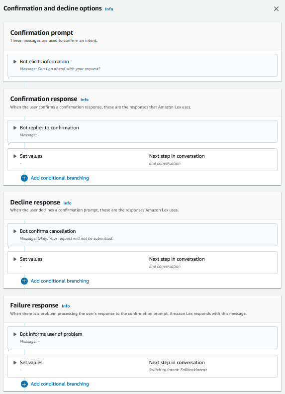 
                    La consola de Amazon Lex V2 muestra las opciones avanzadas para las solicitudes de confirmación.
                