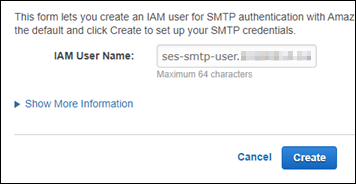 Nombre de usuario de IAM para las credenciales de SMTP en la consola de Amazon SES.