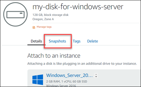
            Elija la pestaña Instantáneas en la página de administración de discos.
          