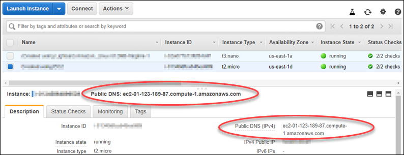 DNS público de una instancia en la consola de Amazon EC2.