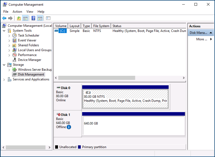 Administración de discos en una instancia de Windows.