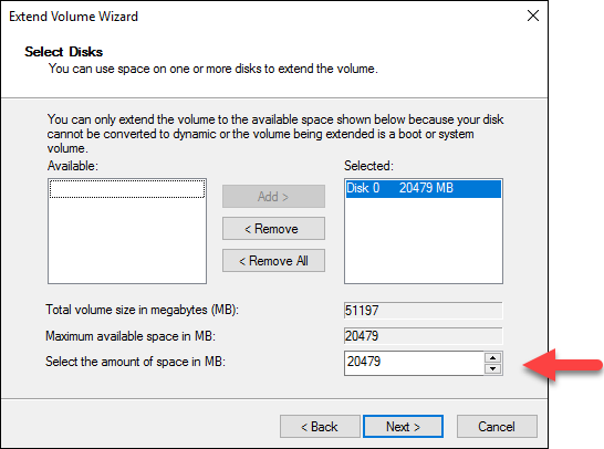 Seleccionar espacio sin asignar en el asistente Extender volumen de Windows
