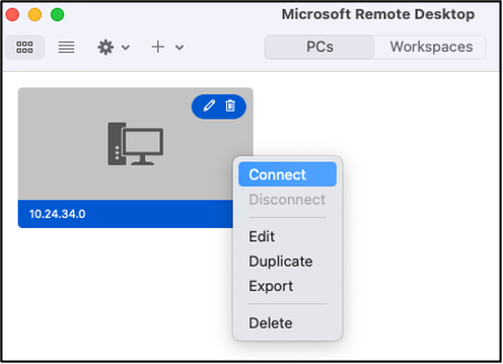 La opción Connect de la aplicación Microsoft Remote Desktop.