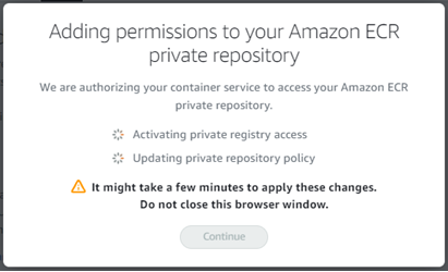 Modal que confirma que se están agregando permisos al repositorio privado de Amazon ECR