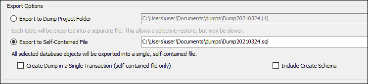 Opciones de exportación en MySQL Workbench