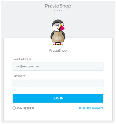 La página de inicio de sesión del panel de PrestaShop administración