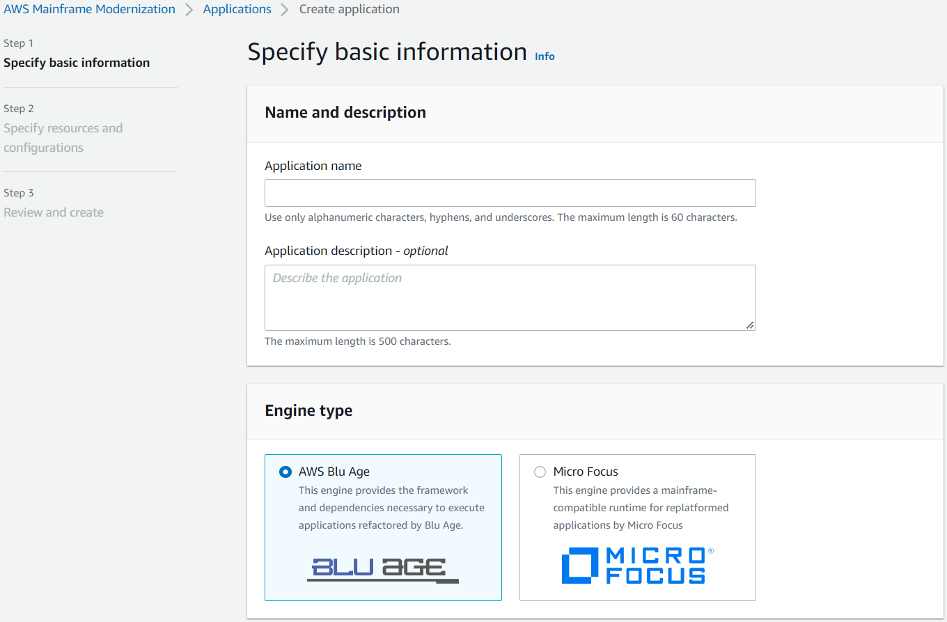 Página de AWS especificación de información básica de la aplicación de modernización del mainframe con el motor AWS AWS Blu Age seleccionado.