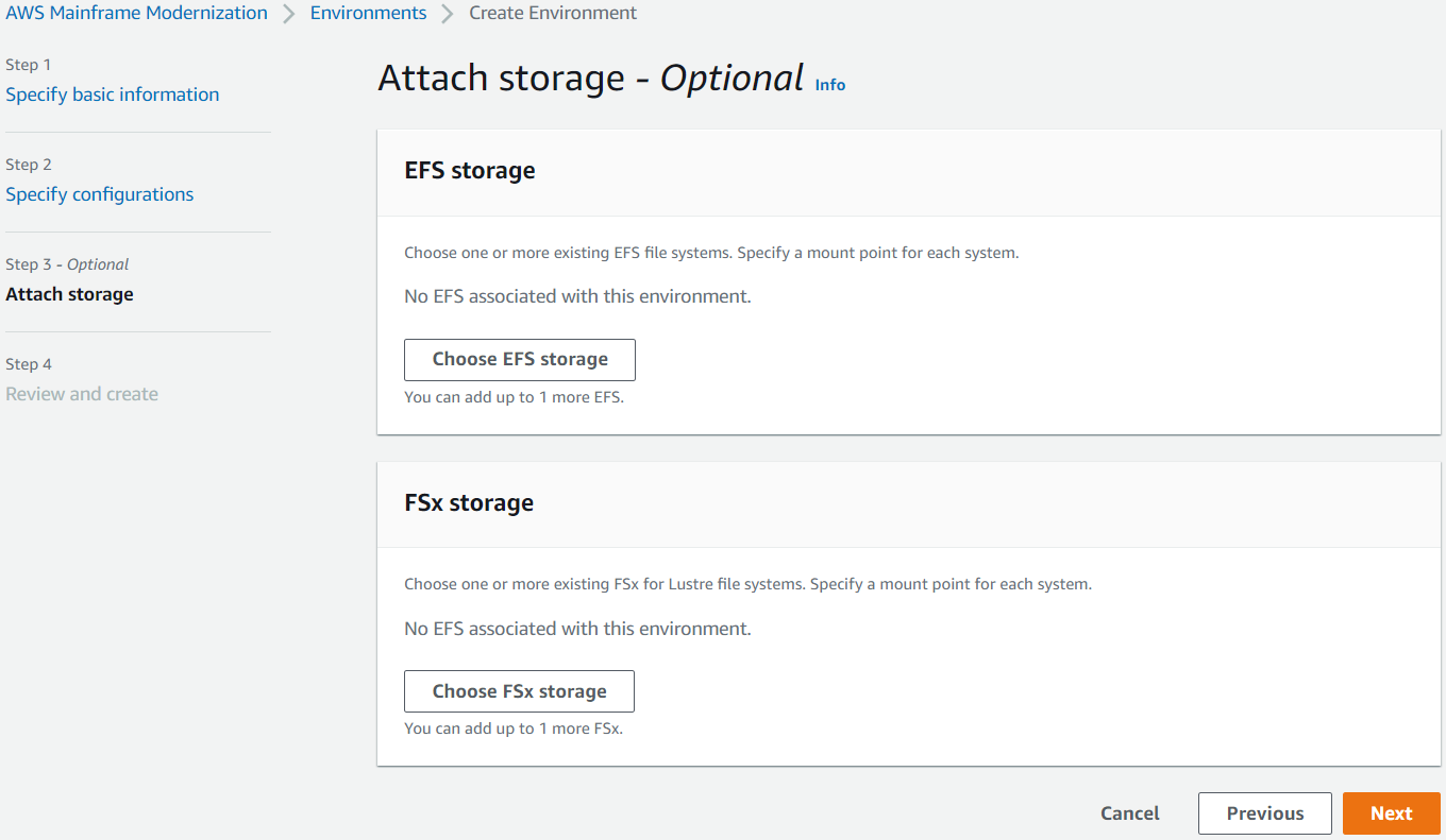 Se adjunta la página de almacenamiento AWS de Mainframe Modernization Adjunta con los valores predeterminados aplicados.