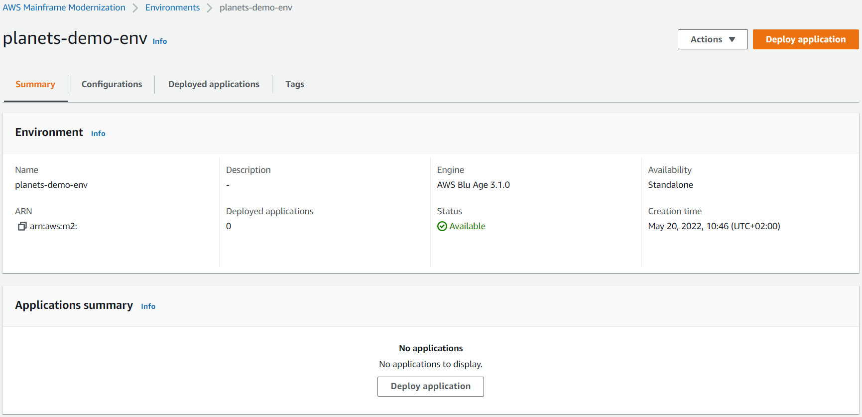 La página de detalles del entorno de modernización de AWS mainframe del planets-demo-env entorno.