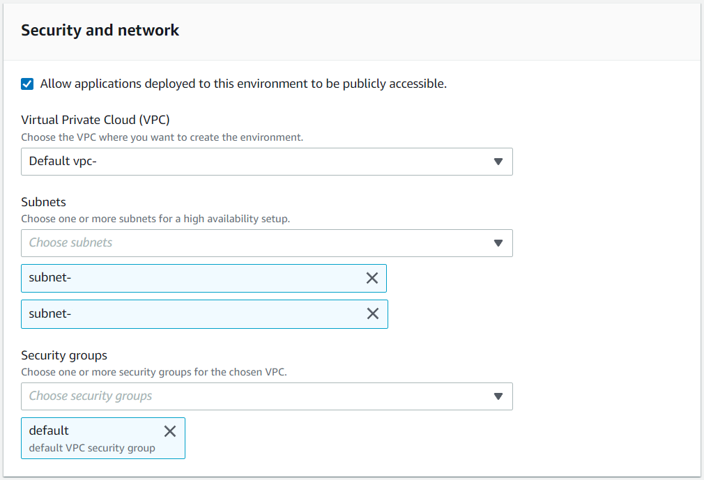 La sección Modernización, seguridad y red del AWS mainframe con la VPC predeterminada y dos subredes seleccionadas.