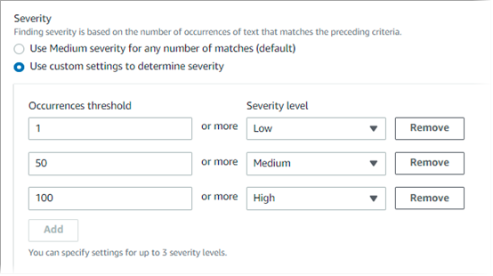 
				La sección de Gravedad de la página de Identificadores de datos personalizados incluye tres umbrales de aparición: 1 para el nivel de gravedad bajo, 50 para el nivel de gravedad medio y 100 para el nivel de gravedad alto.
			