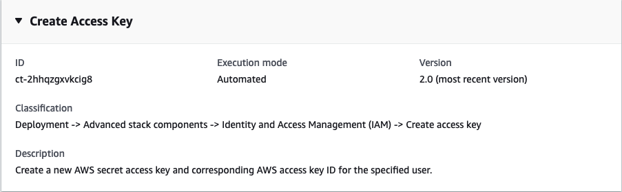 Create Access Key interface showing ID, execution mode, version, and description details.