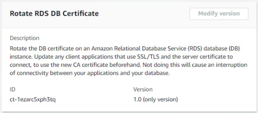 Descripción and details for rotating an RDS DB certificate, including ID and version information.