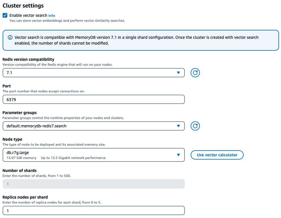 Configuración del clúster de búsqueda vectorial en la AWS consola.