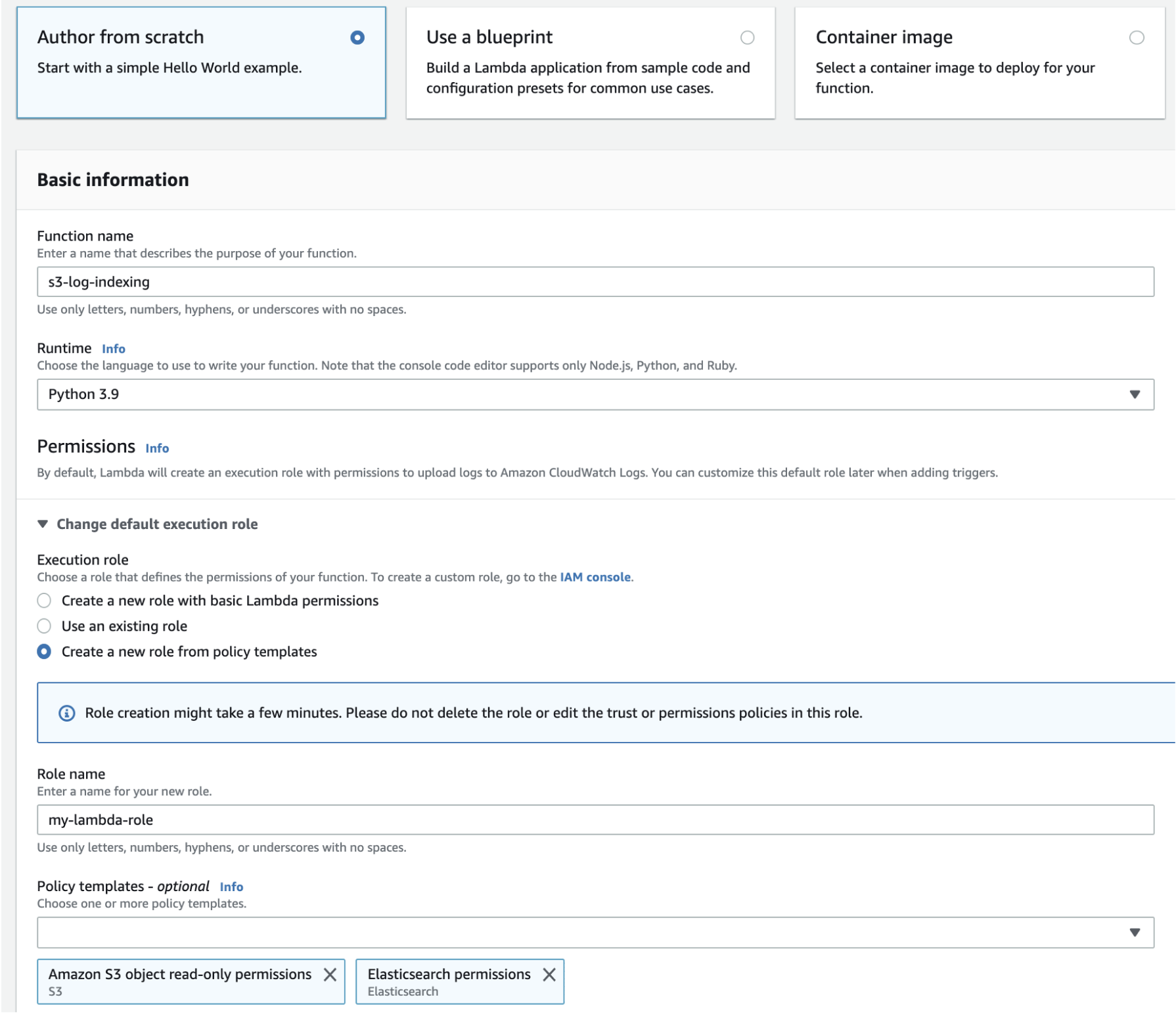 
                    Ejemplo de configuración de una función de Lambda
                