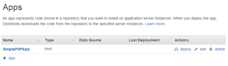 Apps table with one PHP app named SimplePHPApp and deploy action. (AI generated)