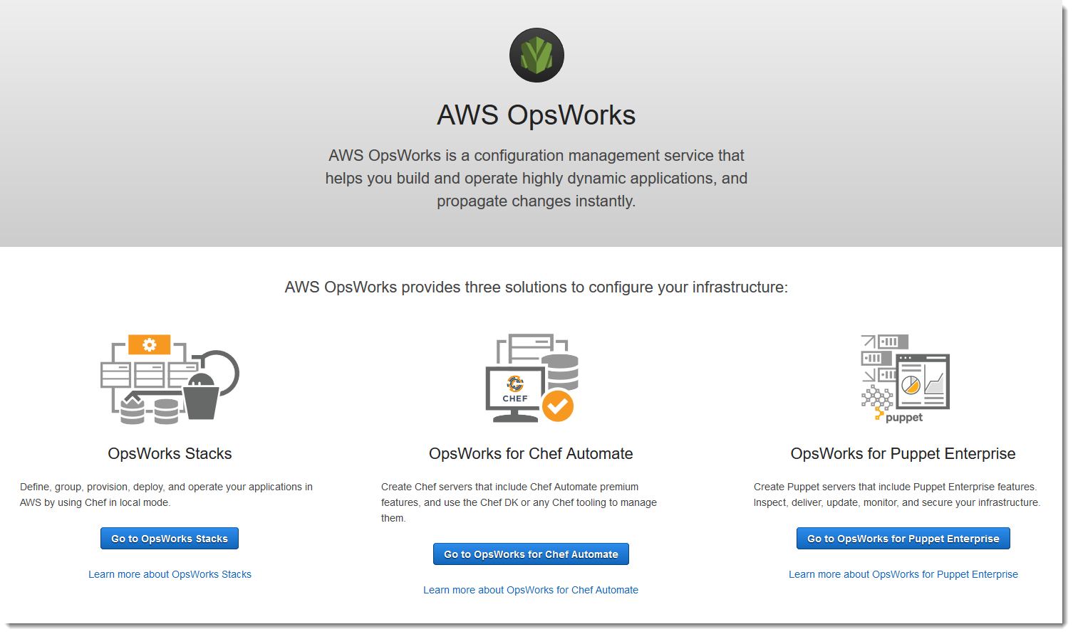 AWS OpsWorks página principal de servicio