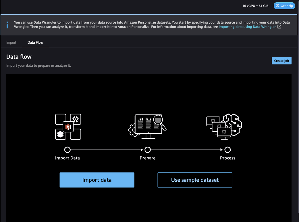 Muestra la página de flujo de datos de Data Wrangler con las opciones Importar datos y Usar conjuntos de datos de muestra.